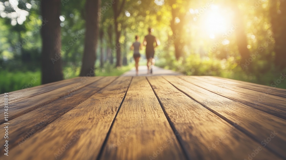 Poster a serene shot of a wooden table with a blurred image of a couple jogging in the morning, symbolizing