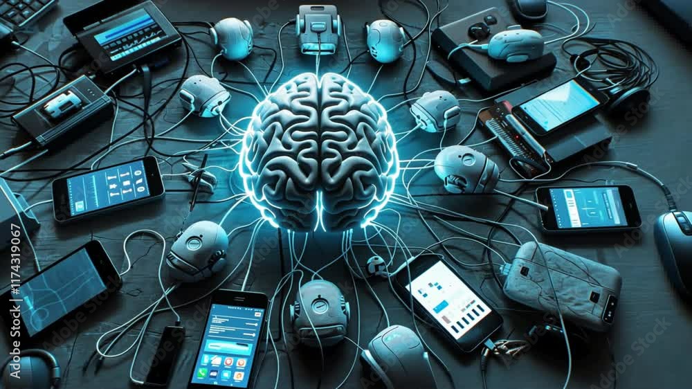 Poster exploring connection between brain intelligence and technology journey through electronics, innovati