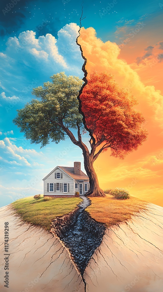 Poster artistic rendering of a house split in half by a cracking earth, featuring two distinct seasons repr
