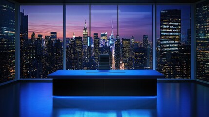 A sleek blue table with a black chair in a modern news studio, with a vibrant city skyline at night visible through the large windows behind it