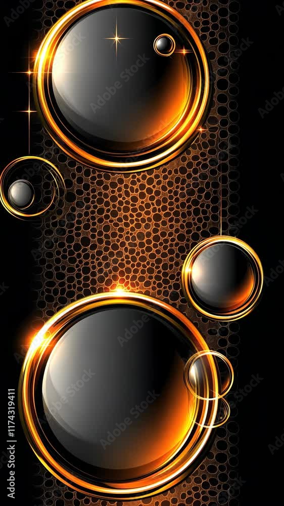 Poster bright and shiny abstract design featuring golden circles on a black background with a glittering te