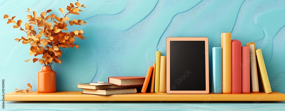 Poster minimalist bookshelf display with pastel-hued books and decorative elements on a soft blue backgroun