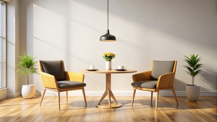Modern Seating Area, Cozy Minimalist Interior, Light Wood Chairs, Black Table
