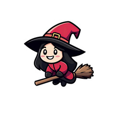 Cute cartoon red witch riding a broomstick