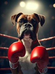 A humorous illustration of a dog wearing red boxing gloves, standing in a boxing ring. The dog's determined expression and anthropomorphic pose create a playful and entertaining scene.