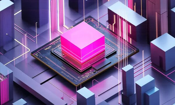 Abstract Digital Cube on Circuit Board: Neon Glow, Isometric Cyberpunk Art