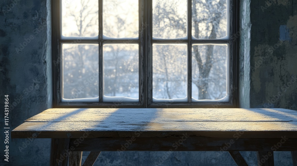 Poster empty table and winter window in background