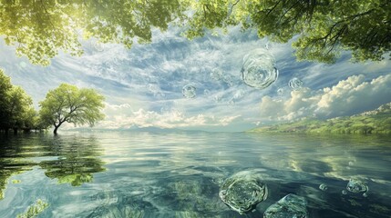 A serene depiction of natural transpiration driving the water cycle capturing water release from leaves into the air fueling environmental health and ecosystem growth