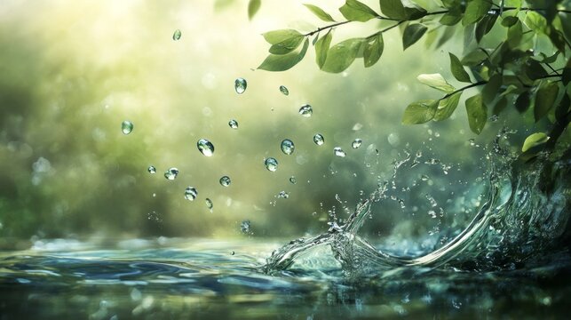 A serene depiction of natural transpiration driving the water cycle capturing water release from leaves into the air fueling environmental health and ecosystem growth