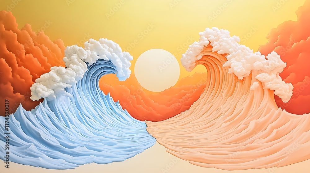 Poster abstract pastel waves and sun representation in soft colors, featuring dynamic flowing forms, ethere
