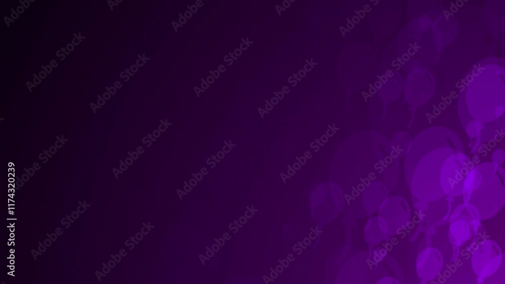 Poster purple party balloon shapes are moving from the bottom right of a gradient grid abstract background,