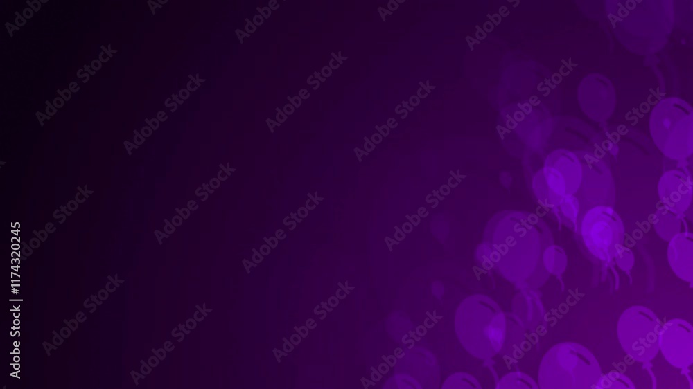 Poster purple party balloon shapes are moving from the bottom right of a gradient grid abstract background,