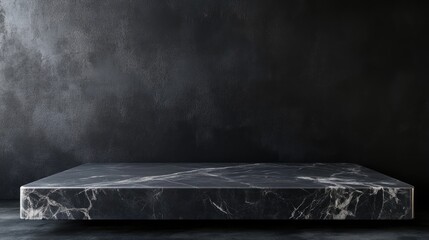 Empty table marble black countertop on black wall background. High quality photo