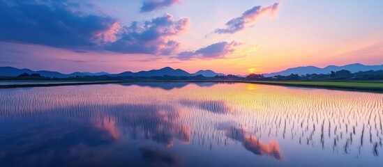 Fototapeta premium Tranquil lake reflecting a vibrant sunset over a mountain range.