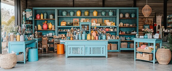 Naklejka premium Teal shelves display colorful home goods, vases, and gift items in a bright store.