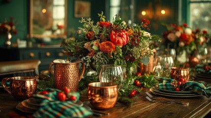 Festive holiday table setting with copper mugs and floral centerpiece