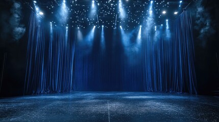 A stunning blue stage setup with sparkling silver lights illuminating the backdrop of a dark blue curtain, creating an elegant performance space