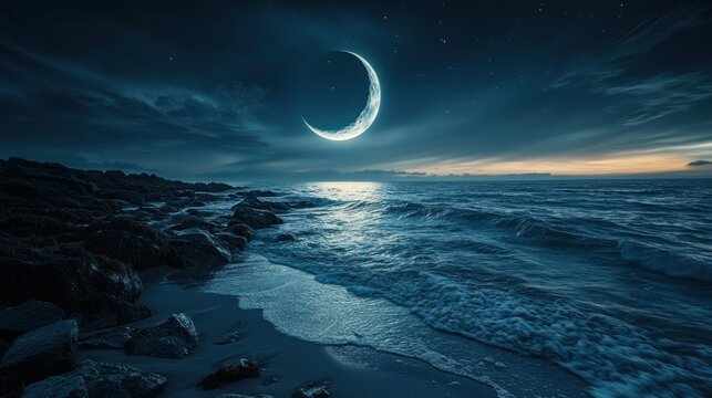 A serene crescent moon hangs over a tranquil ocean at twilight. The image evokes peace and tranquility. Ideal for sleep apps or meditation guides.