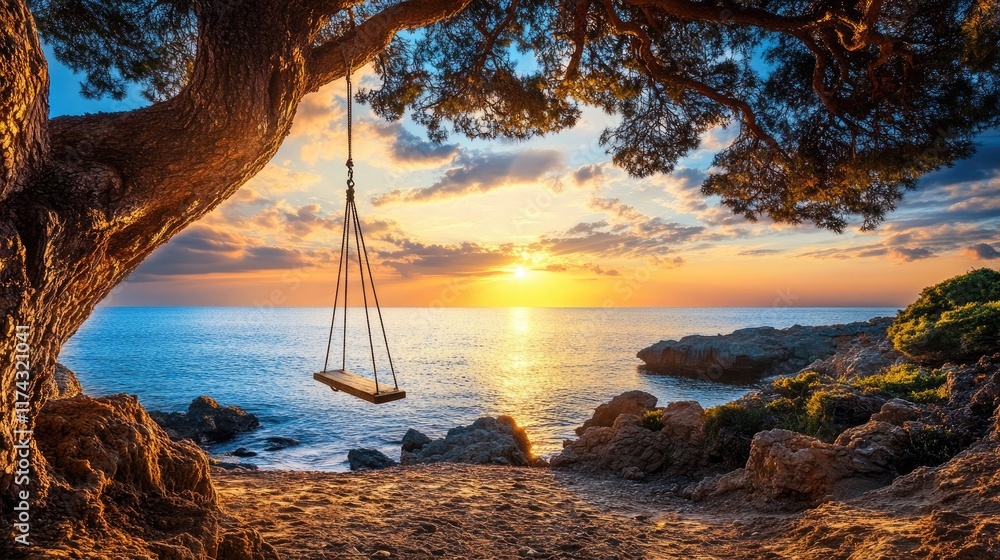 Poster a tranquil beach with a rustic swing tied to a tree, overlooking the calm ocean at sunset, offering 
