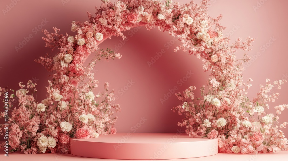 Poster a vibrant 3d rendering of a pink podium with a pastel floral arch in the background, adorned with de