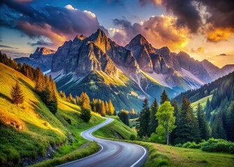 Fototapeta premium Mountain Road Panoramic View, Scenic Highway, Alpine Landscape