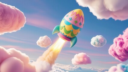 Easter egg rocket launching into colorful sky imaginative design playful environment easter celebration cartoon style