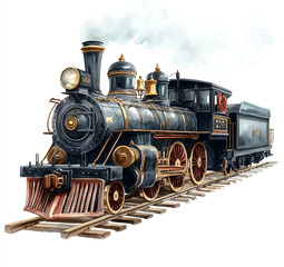 Obraz premium Watercolor black train with wooden wheels, clipart on a white background. 