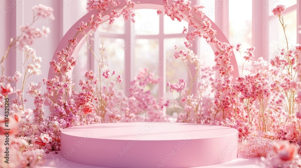 Poster a vibrant 3d rendering of a pink podium with a pastel floral arch in the background, adorned with de