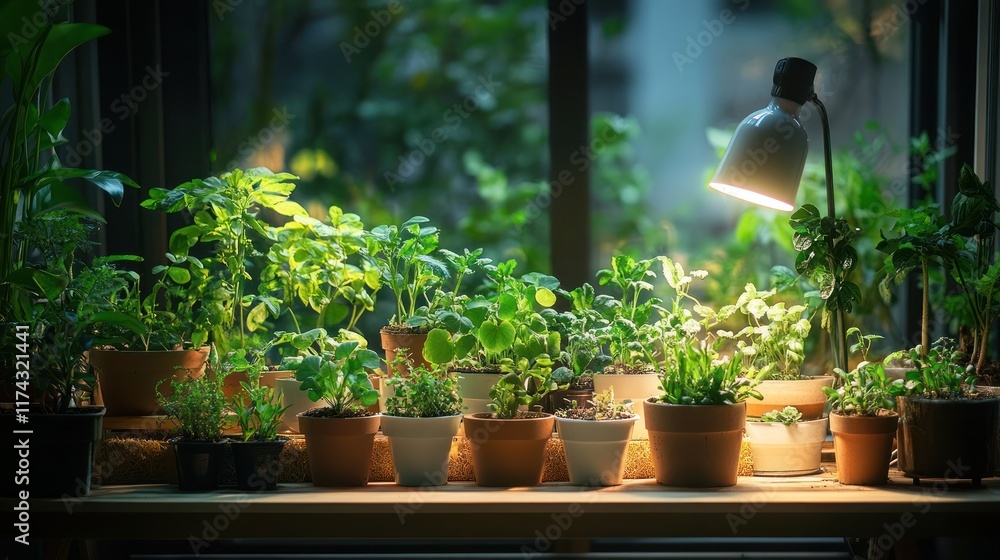 Poster a row of potted plants on a windowsill illuminated by a lamp, with a blurred background of greenery.
