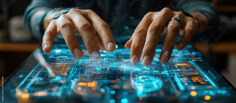 Poster close-up of hands interacting with a glowing digital interface.