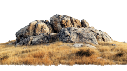 savannah landscape featuring large rocky stone formations with grass isolated on white background. Suitable for marketing or business purposes