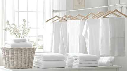 A practical foldable clothesline set up in a home with white linens and fresh towels