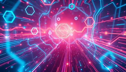 Obraz premium Abstract Neon Pink Blue Network Data Lines Hexagons Gem