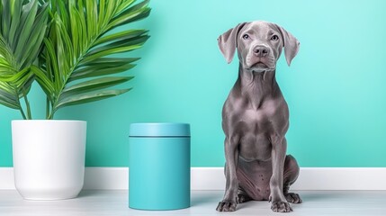 Charming weimaraner puppy posing beside plant in trendy turquoise setting
