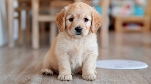 Adorable golden retriever puppy sitting indoors on wooden floor