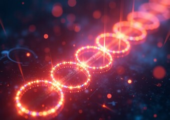 Vibrant glowing circles create dynamic patterns in a dark space during a digital display