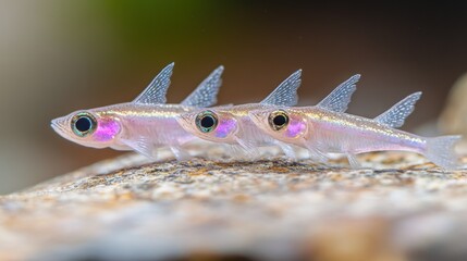 Close-up of translucent baby fish trio on a rock in natural habitat