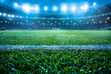 Naklejka premium Night Soccer Field with Stadium Lights