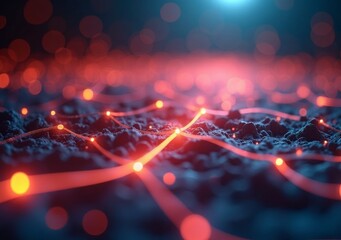 Network of glowing lines and dots on a textured surface in an abstract setting