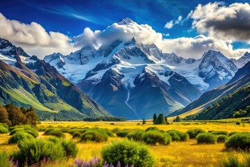 Fototapeta premium New Zealand Snowy Mountains, Meadow, High Depth of Field