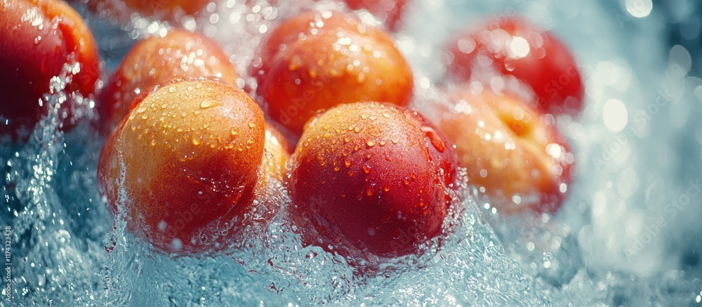 Poster close-up of ripe peaches splashing in water, creating a refreshing summer scene.