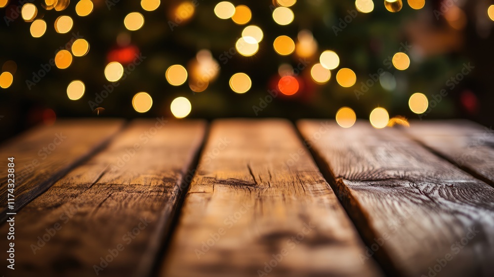 Poster empty wooden table and christmas tree with bokeh on background.