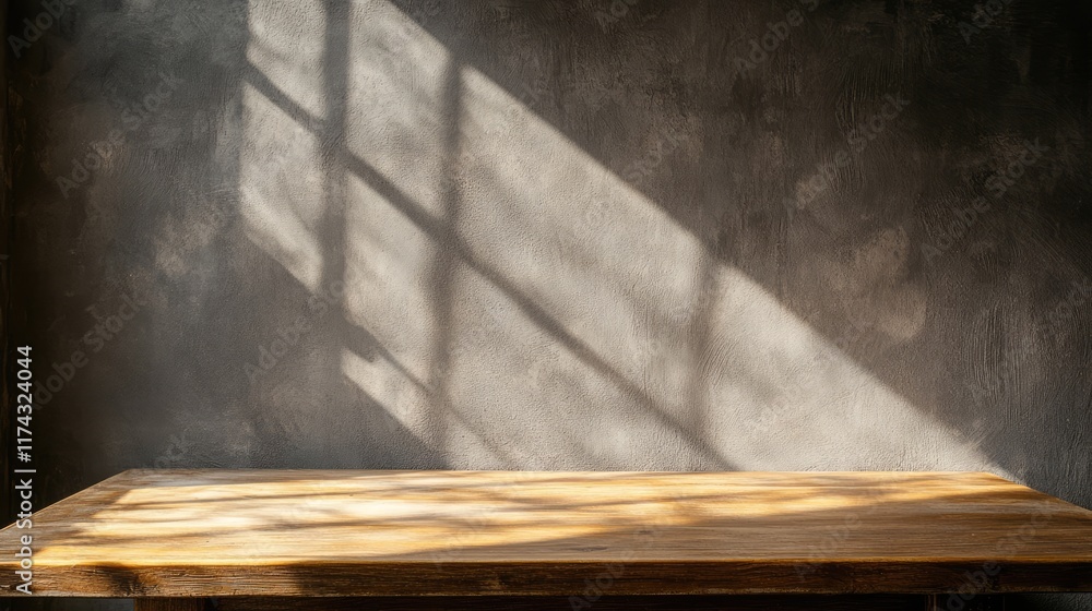 Poster empty wooden table top near stucco wall with with sunlight falling from the window and shadows. tabl