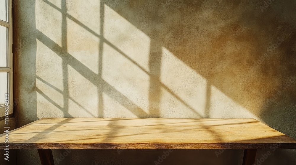 Poster empty wooden table top near stucco wall with with sunlight falling from the window and shadows. tabl