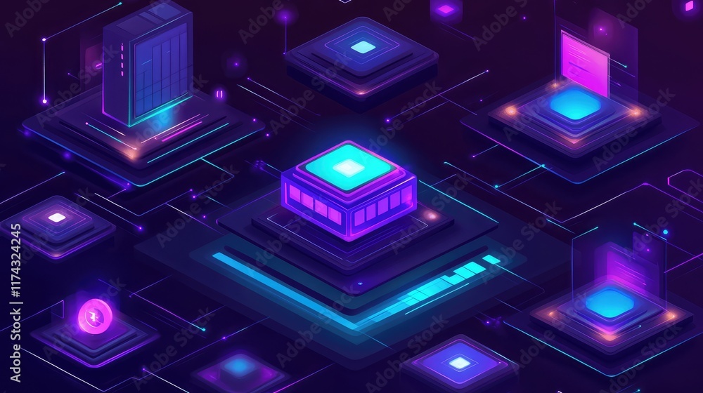 Poster abstract ai-driven data visualizations glowing on a futuristic dark gradient background, symbolizing