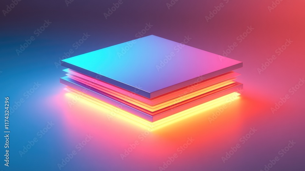Poster abstract ai-powered software architecture visualized as glowing data layers on a futuristic gradient