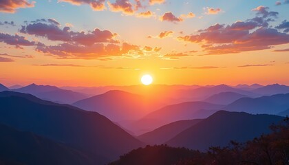 Fototapeta premium Sunset Panorama: Serene Mountain Ranges in Warm Hues