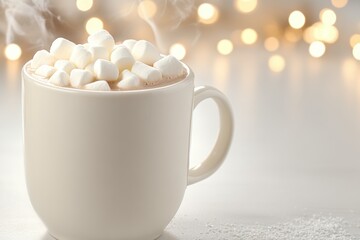 Cozy hot chocolate with marshmallows and bokeh lights for a warm winter evening