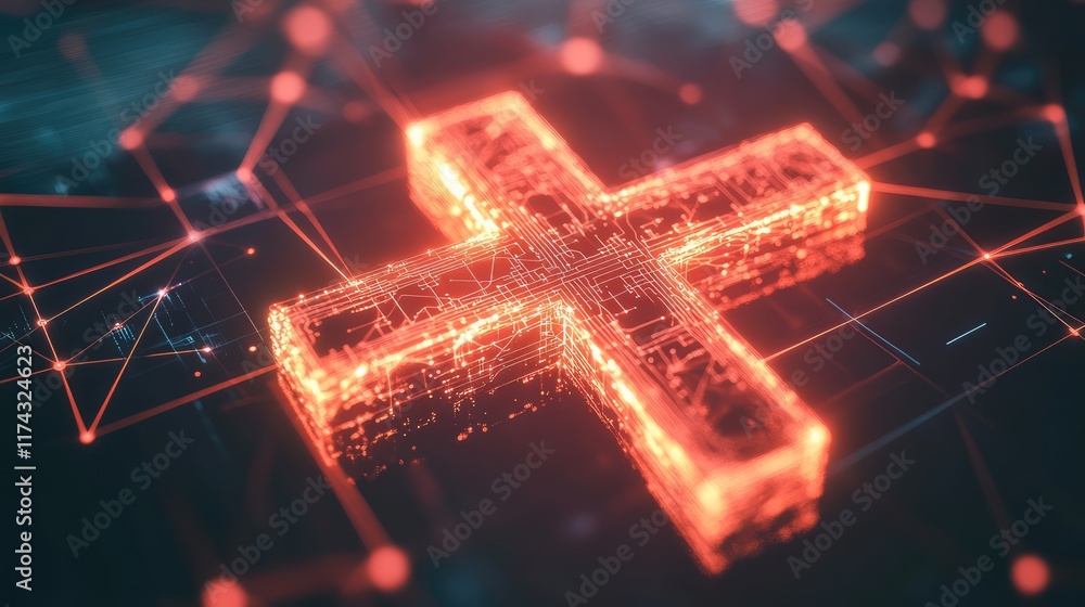 Poster abstract ai neural network patterns connected to a glowing medical cross, symbolizing ai in healthca