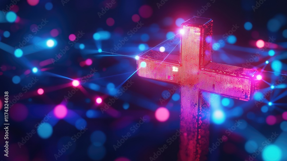 Poster abstract ai neural network patterns connected to a glowing medical cross, symbolizing ai in healthca